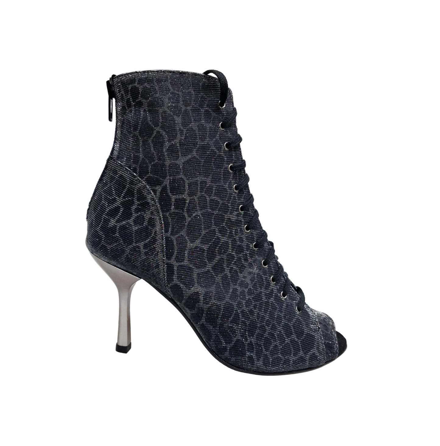 Stivaletto Wish Dance Shop Alexis Silver Black con zip, tacco a stiletto squadrato in alluminio grigio e canna di fucile