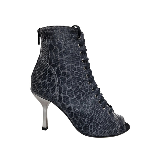 Stivaletto Wish Dance Shop Alexis Silver Black con zip, tacco a stiletto squadrato, in canna di fucile e alluminio laminato grigio