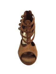 Carica immagine nella Galleria, Lussuria (779PLT) - Scarpa da Donna in Camoscio Marrone Cognac con Tacco Alto a Spillo Largo Laminato Oro e Plateau Confort