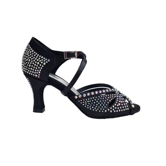 Scarpa da ballo in raso seta nero SAMIRA (L19) con Swarovski Boreali e tacco basso a rocchetto, stile elegante e raffinato