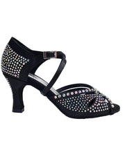 Carica immagine nella Galleria, SAMIRA (L19) - Scarpa da Ballo in Raso Seta Nero Con Swarovski Boreali e Tacco Basso a Rocchetto