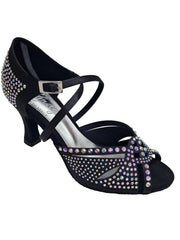 Carica immagine nella Galleria, SAMIRA (L19) - Scarpa da Ballo in Raso Seta Nero Con Swarovski Boreali e Tacco Basso a Rocchetto