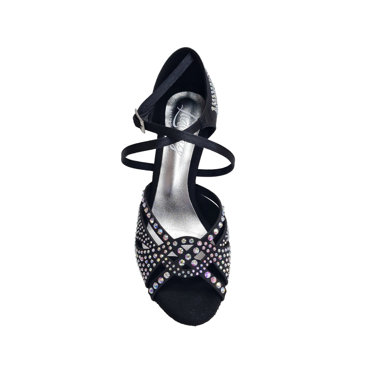 Scarpa da ballo Samira L19 in raso seta nero con Swarovski Boreali e tacco basso a rocchetto, Wish Dance Shop