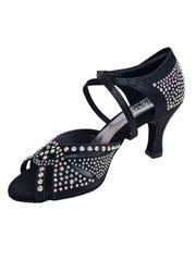 Carica immagine nella Galleria, SAMIRA (L19) - Scarpa da Ballo in Raso Seta Nero Con Swarovski Boreali e Tacco Basso a Rocchetto