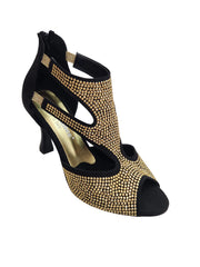 Carica immagine nella Galleria, Nina Gold Light (2308 L) - Sandalo da Donna in Camoscio Nero con Miniborchiette Oro Platino elastici Oro e Tacco a Rocchetto Alluminio Smaltato Nero