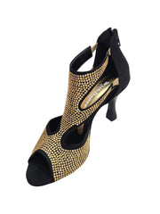 Carica immagine nella Galleria, Nina Gold Light (2308 L) - Sandalo da Donna in Camoscio Nero con Miniborchiette Oro Platino elastici Oro e Tacco a Rocchetto Alluminio Smaltato Nero