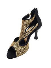 Carica immagine nella Galleria, Nina Gold Light (2308 L) - Sandalo da Donna in Camoscio Nero con Miniborchiette Oro Platino elastici Oro e Tacco a Rocchetto Alluminio Smaltato Nero