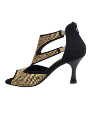 Carica immagine nella Galleria, Nina Gold Light (2308 L) - Sandalo da Donna in Camoscio Nero con Miniborchiette Oro Platino elastici Oro e Tacco a Rocchetto Alluminio Smaltato Nero