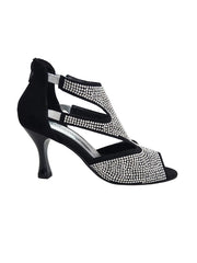 Carica immagine nella Galleria, Nina Silver (2308 L) - Sandalo da Donna in Camoscio Nero con Miniborchiette Argento elastici Argento e Tacco a Rocchetto Alluminio Smaltato Nero