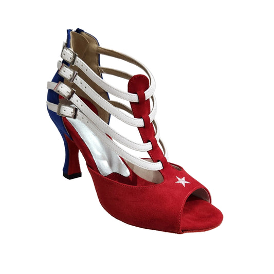 Scarpa da donna in camoscio rosso e blu con pelle bianca e stella bandiera cubana, tacco a rocchetto, Wish Dance Shop