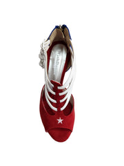 Carica immagine nella Galleria, Lussuria (779 CUBA) - Scarpa da Donna in Camoscio Rosso e Blu Pelle Bianca con Stella Bandiera Cubana con Tacco a Rocchetto