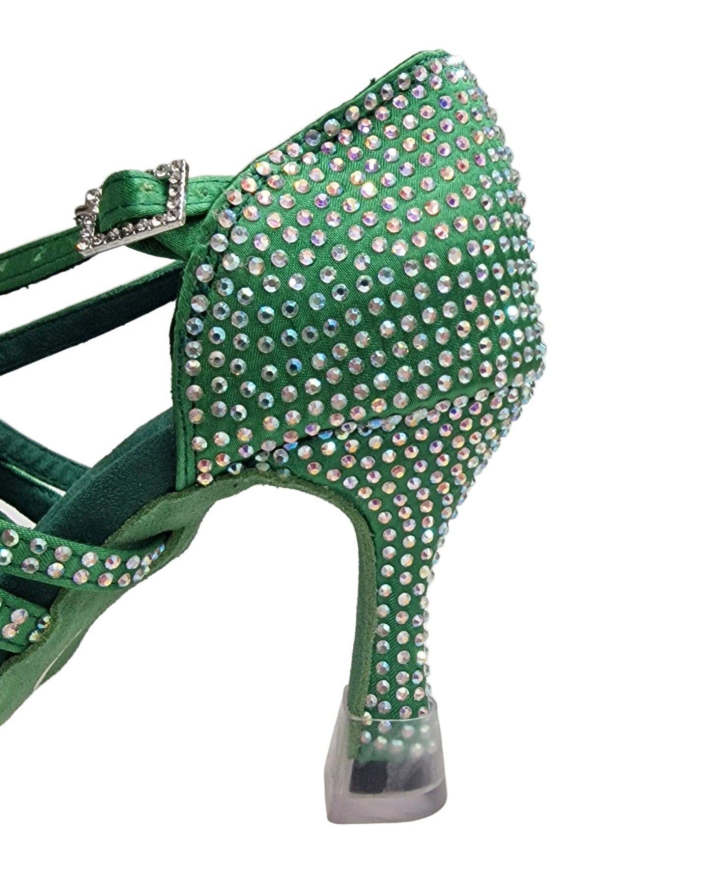NORA Dreams Green (L2576S) - Zapatilla de Baile para Mujer de Satén Verde Esmeralda con Tira Cruzada al Empeine y Brillantes Boreales, Tacón de Carrete