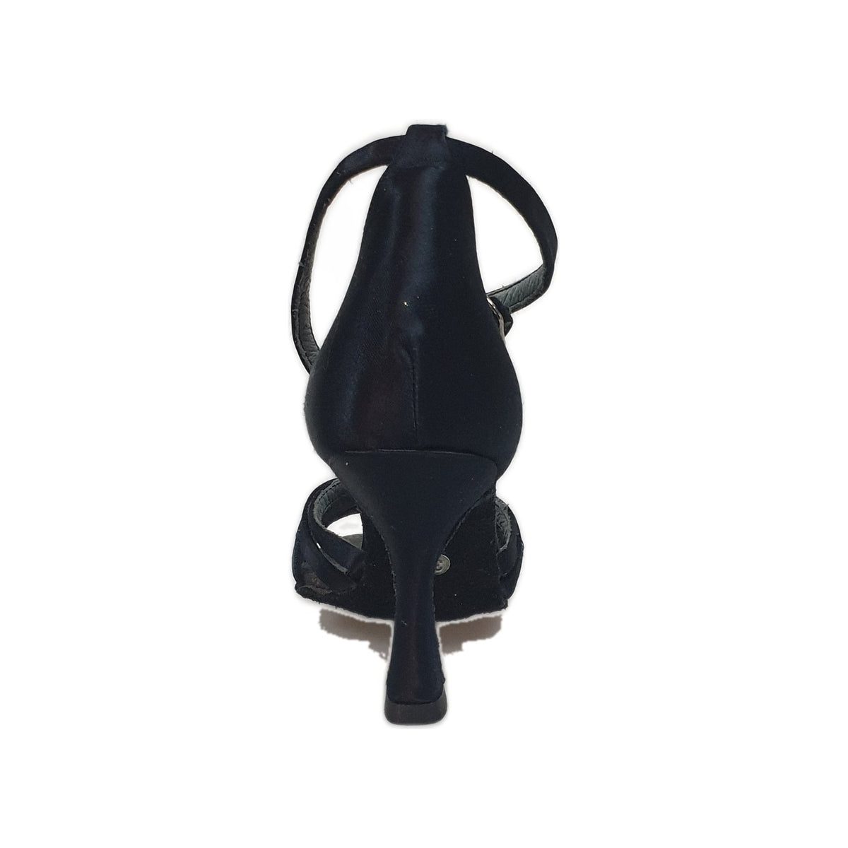 Scarpa Outlet 314H in raso nero senza rete con strisce e tacco a rocchetto, vista frontale e dettagli del design elegante.