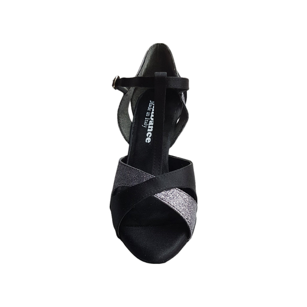 Scarpa da donna Wish Dance Shop in raso di seta nero con dettagli glitter grigio carbonio, elegante e brillante.