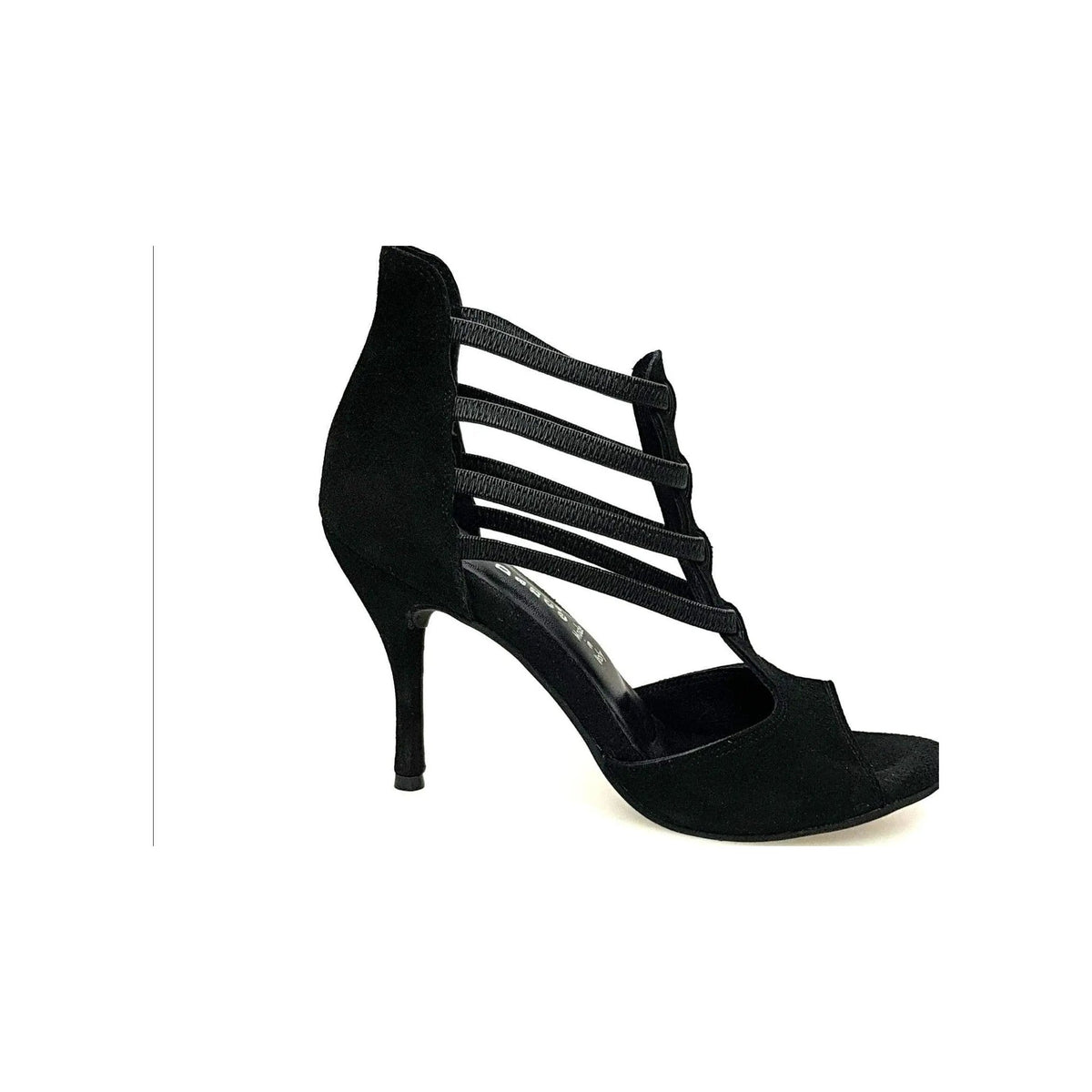 Sandalo donna Lilith (460) in camoscio nero di Wish Dance Shop con tacco a spillo, vista laterale e dettagli eleganti