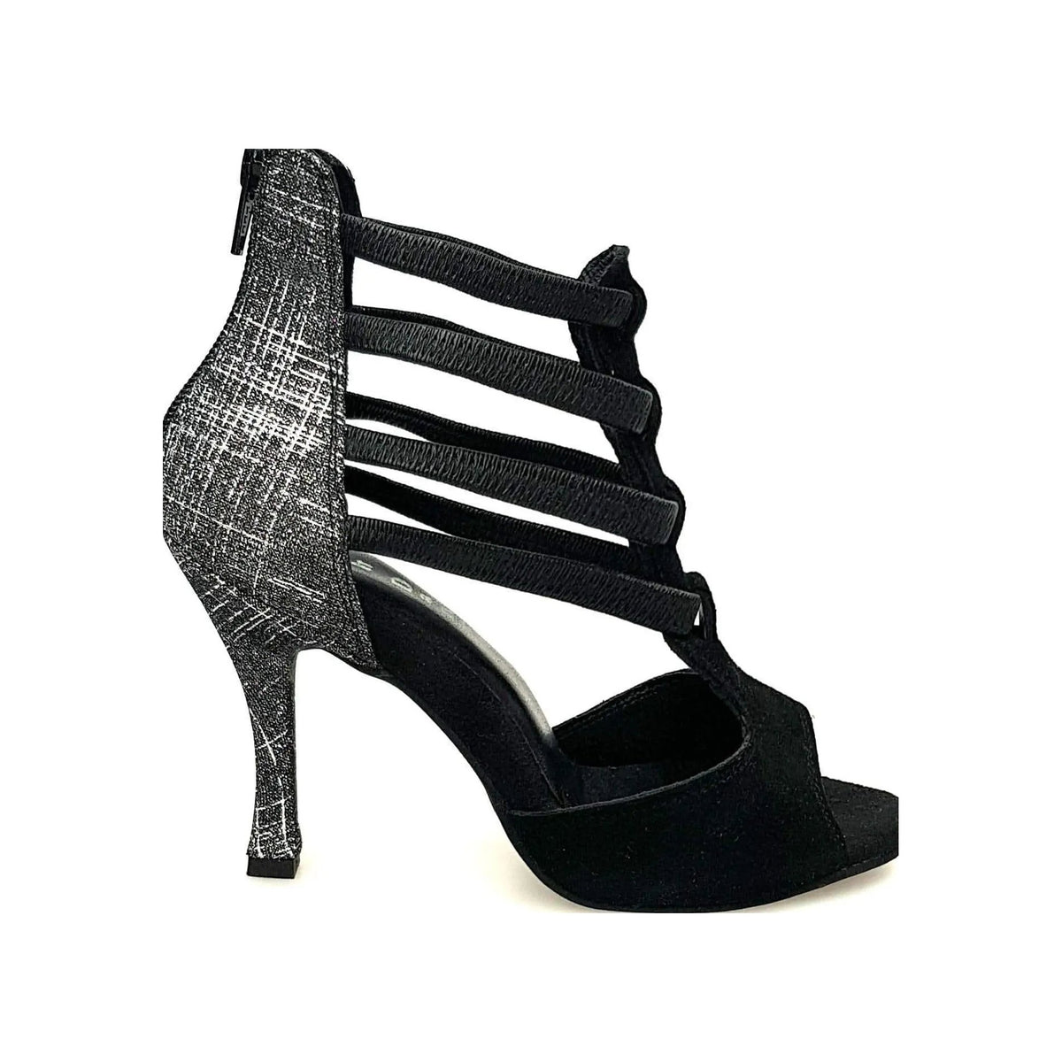 Sandalo donna Lilith Zip in camoscio nero con tacco rivestito in fish carbon, con zip sulla tomaia.
