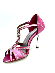 Load image into Gallery viewer, CAMILA Superb (accollata) L13 - Scarpa da Ballo in Raso Seta Rosa Fuxia con Swarovski Bore ali e Tacco a Spillo Laminato Argento