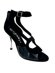 Load image into Gallery viewer, Angela - Sandalo da Donna in Camoscio Nero con Parti in Plexiglass Tacco a Spillo Laminato Argento