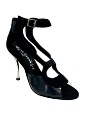 Load image into Gallery viewer, Angela - Sandalo da Donna in Camoscio Nero con Parti in Plexiglass Tacco a Spillo Laminato Argento