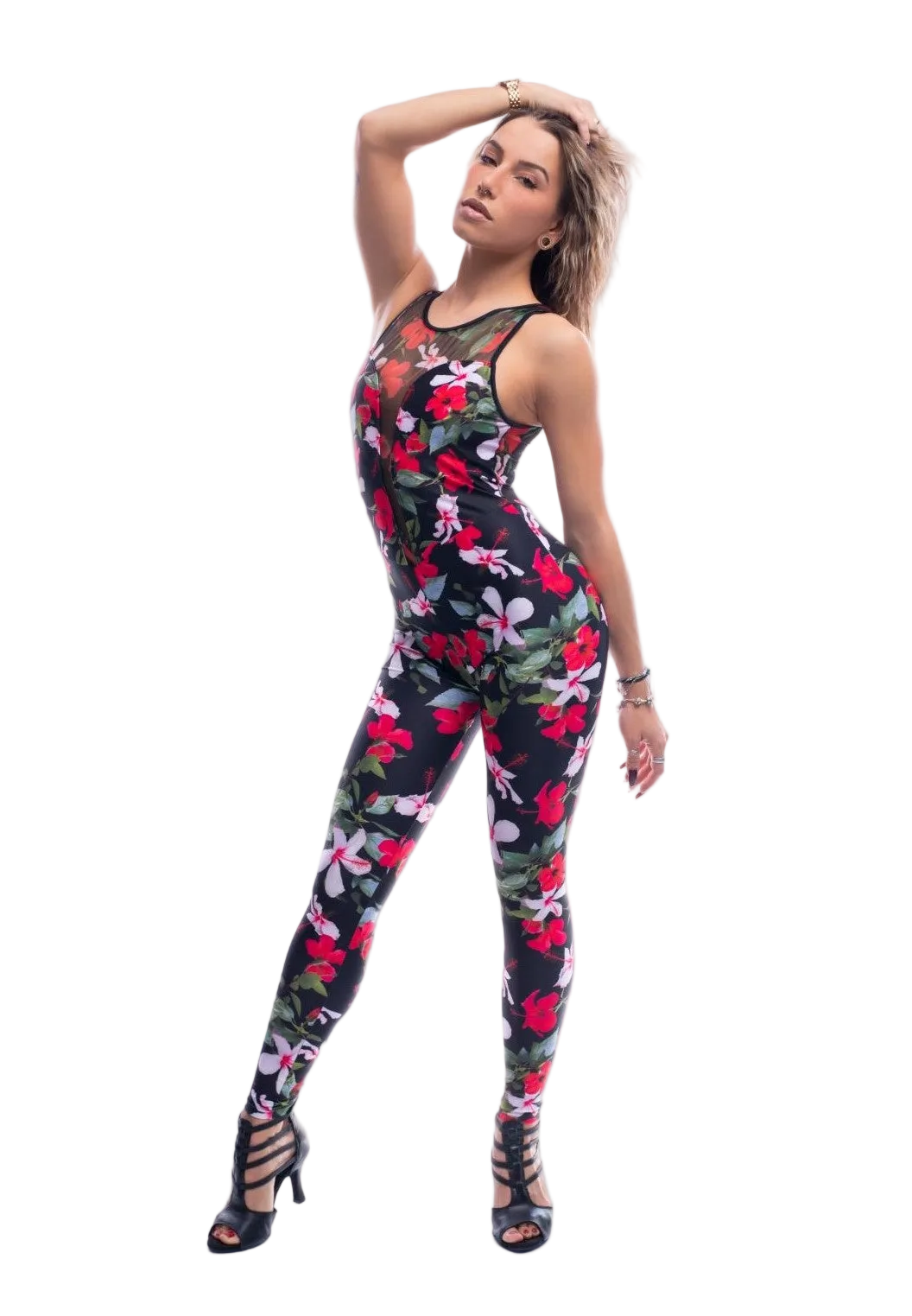Salopette in microfibra traspirante e modellante Wish Dance Shop con disegno floreale e retina laserata, colore vivace, dettaglio visibile