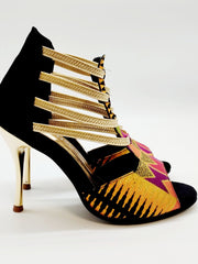 Carica immagine nella Galleria, SAVANA SUNSET (460PW) - Sandalo da Donna in Camoscio Nero Elastici Oro con Tessuto Base Nera e colori Arcobaleno con inserti disegnati in Glitter Oro e tacco a spillo laminato Oro