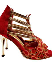 Carica immagine nella Galleria, RED FOX (460PW) - Sandalo da Donna in Camoscio Rosso Elastici Oro con Tessuto Rosso inserti disegnati in Glitter Oro e tacco a spillo laminato Oro