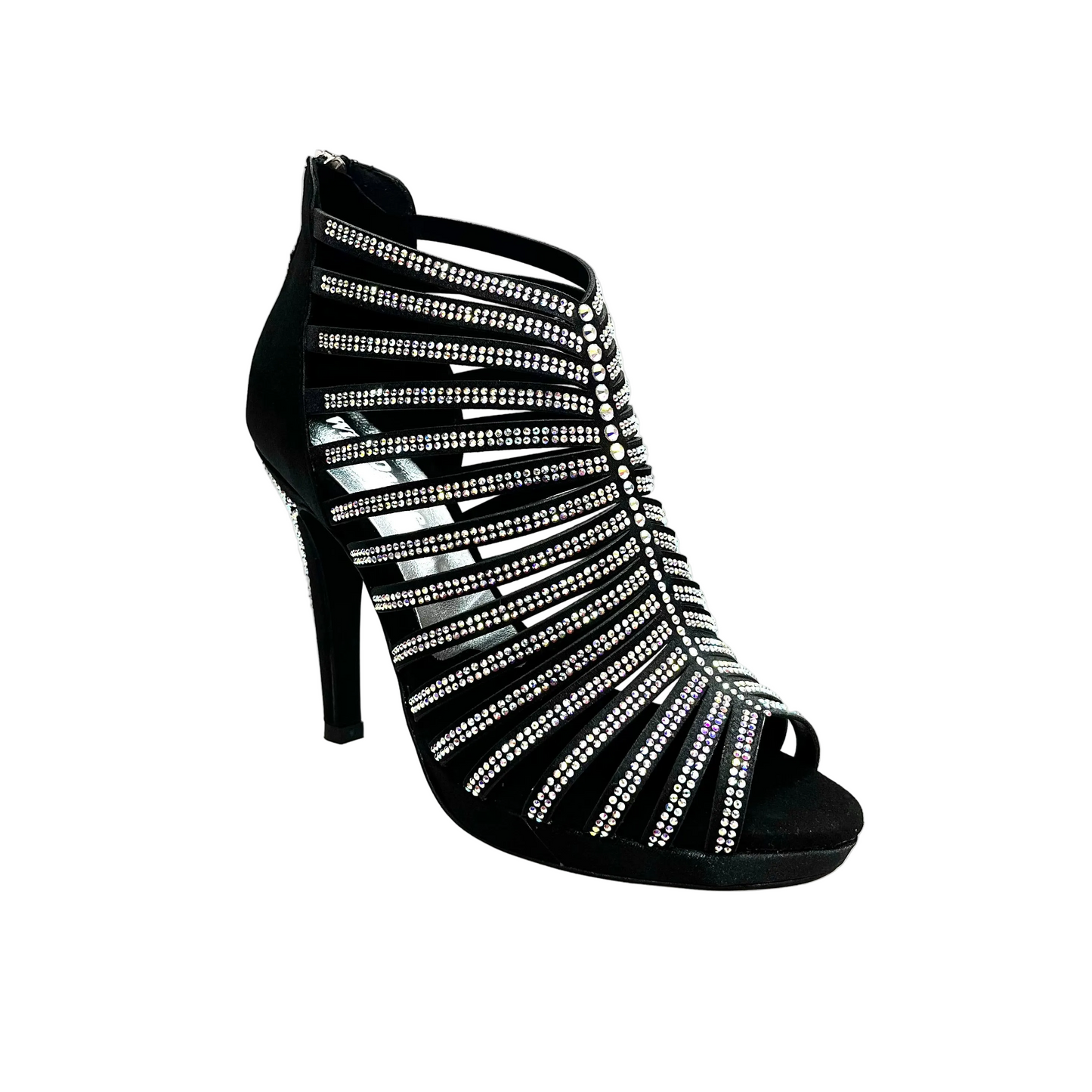 Sandalo a tronchetto Wish Dance Shop ELSY Plus in raso seta nero con Swarovski Boreali, plateau e tacco alto a spillo largo.