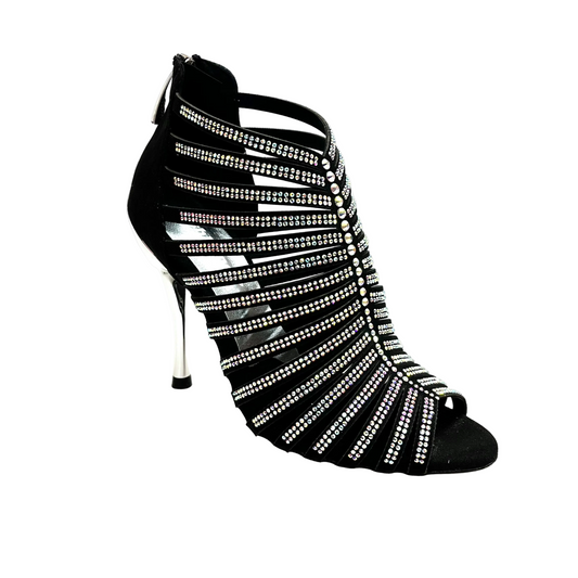 Sandalo a Tronchetto Da Donna in Raso Seta Nero Con Swarovski Boreali e Tacco a Spillo Laminato Argento ELSY, vista laterale