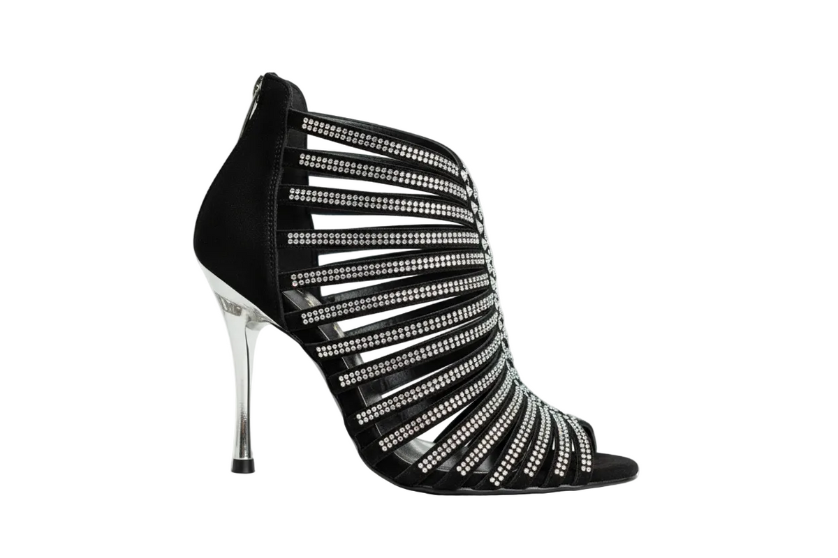 Sandalo a tronchetto donna ELSY Plus (L7) in raso di seta nero con Swarovski Boreali e tacco a spillo laminato argento.