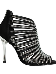 Load image into Gallery viewer, ELSY Plus (L7) - Sandalo a Tronchetto Da Donna in Raso Seta Nero Con Swarovski Boreali e Tacco a Spillo Laminato Argento