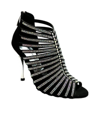 Load image into Gallery viewer, ELSY Plus (L7) - Sandalo a Tronchetto Da Donna in Raso Seta Nero Con Swarovski Boreali e Tacco a Spillo Laminato Argento