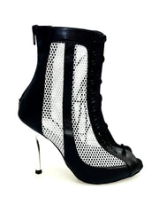 Load image into Gallery viewer, CONNY Black/Silver (Art. 130) - Sandalo Mezzo Stivaletto con Zip in Pelle Nera e Rete Glitterata Argento Tacco a Spillo Laminato Argento