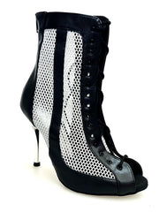 Load image into Gallery viewer, CONNY Black/Silver (Art. 130) - Sandalo Mezzo Stivaletto con Zip in Pelle Nera e Rete Glitterata Argento Tacco a Spillo Laminato Argento