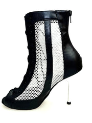 Load image into Gallery viewer, CONNY Black/Silver (Art. 130) - Sandalo Mezzo Stivaletto con Zip in Pelle Nera e Rete Glitterata Argento Tacco a Spillo Laminato Argento