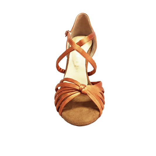 Scarpa da ballo Wishdance Patty QC in raso bronzo con 6 fascette e cinturino incrociato, tacco rocchetto, suola liscia.