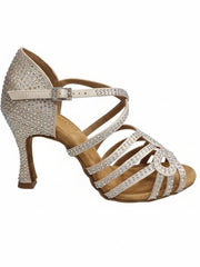 Load image into Gallery viewer, NORA Dreams Gold ( L2576S ) - Scarpa da Ballo da Donna in Raso Oro Flash cinturino incrociato alla Caviglia con Strass Boreali Tacco a Rocchetto