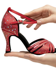 Load image into Gallery viewer, LULY Dreams Red ( L3/L640 ) - Scarpa da Ballo da Donna in Raso Rosso cinturino incrociato alla Caviglia con Strass Boreali Tacco a Rocchetto