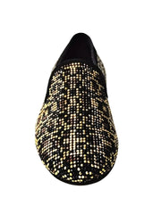Carica immagine nella Galleria, CURTIS Leopard (800PW) - Mocassino da Uomo in Camoscio nero con Swarovski neri borchiette marrone e Oro Maculata Livrea Leopardo Wishdance