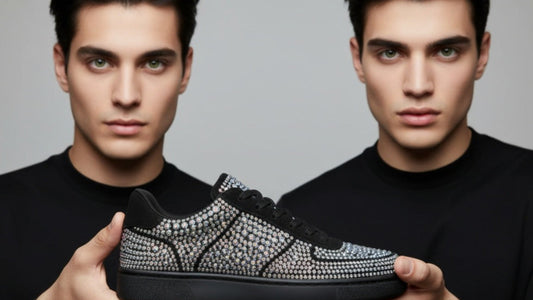 Sneaker Poseidon De Lux Vortex in camoscio vegan nero con Swarovski boreali, suola nera gomma e dettagli tecnici neri.