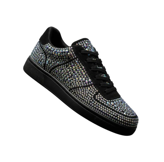 Sneaker in Camoscio Vegan Colore Nero e Swarovski Boreali Suola Nera Gommina e Resina Tecnica Cerchi Neri, vista laterale