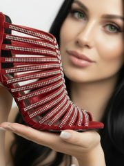 Load image into Gallery viewer, ELSY Red Siver Plus (L7) - Sandalo a Tronchetto Da Donna in Camoscio Rosso Con Swarovski Boreali e Tacco a Spillo Laminato Argento