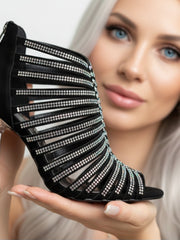 Load image into Gallery viewer, ELSY Plus (L7) - Sandalo a Tronchetto Da Donna in Raso Seta Nero Con Swarovski Boreali e Tacco a Spillo Laminato Argento