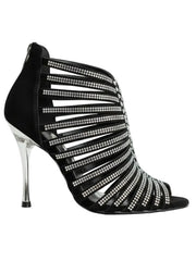 Load image into Gallery viewer, ELSY Plus (L7) - Sandalo a Tronchetto Da Donna in Raso Seta Nero Con Swarovski Boreali e Tacco a Spillo Laminato Argento