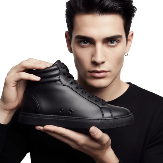 Sneaker GERO Mefisto Black Vortex Wish Dance Shop con collo alto, eco pelle nera, suola in gomma e resina, dettagli rossi pivot.