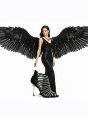 Load image into Gallery viewer, ELSY Plus (L7) - Sandalo a Tronchetto Da Donna in Raso Seta Nero Con Swarovski Boreali e Tacco a Spillo Laminato Argento