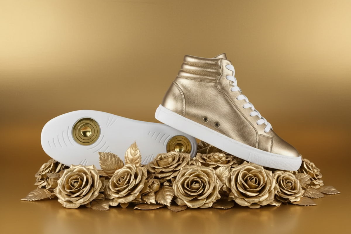 Sneaker GERO Noah Gold Vortex Wish Dance Shop, collo alto, ecopelle oro, suola bianca, design elegante e comfort light.