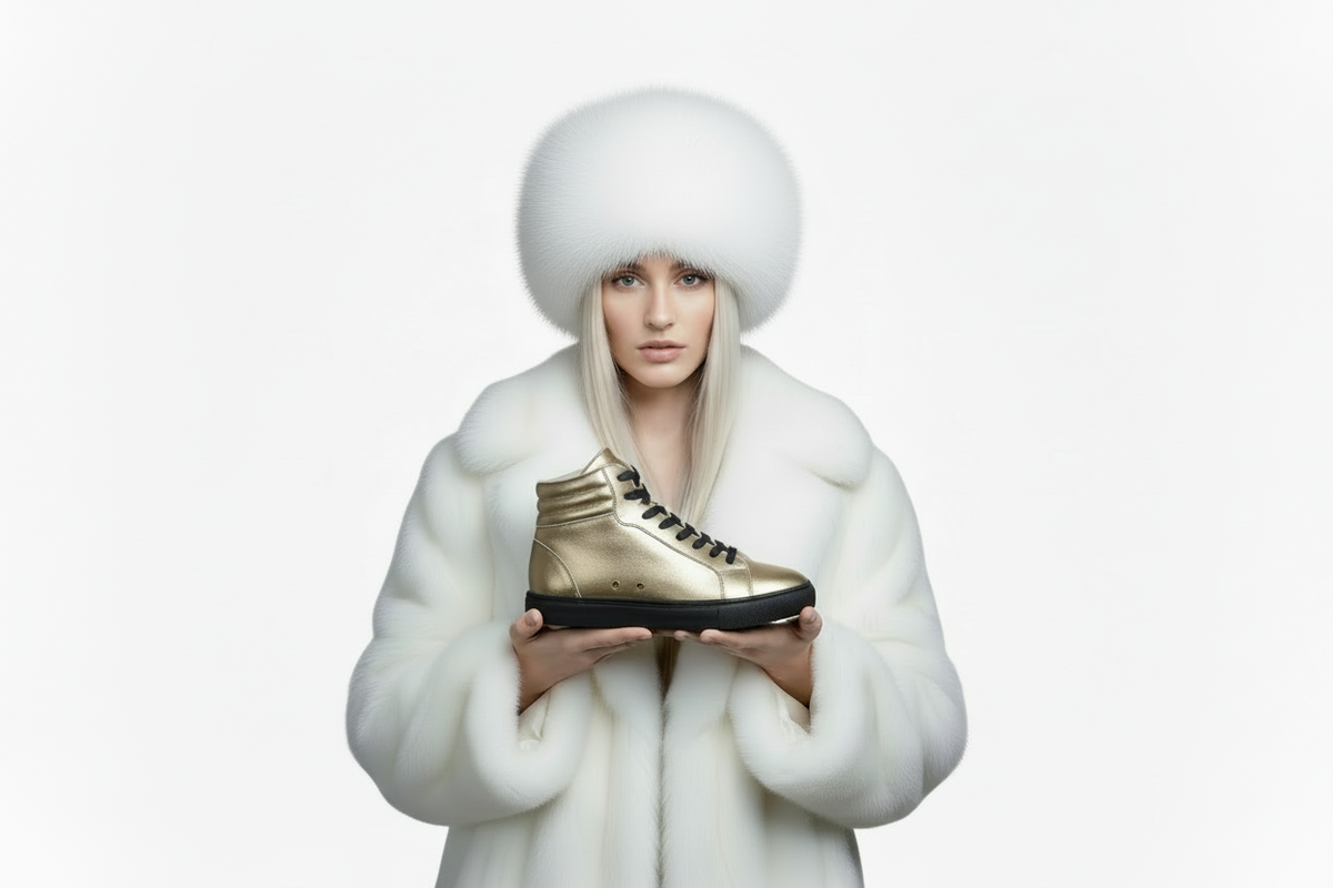 Sneaker GERO Gold Black Vortex Wish Dance Shop, scarpa alta ecopelle oro, suola nera gomma e resina, dettagli oro pivot.