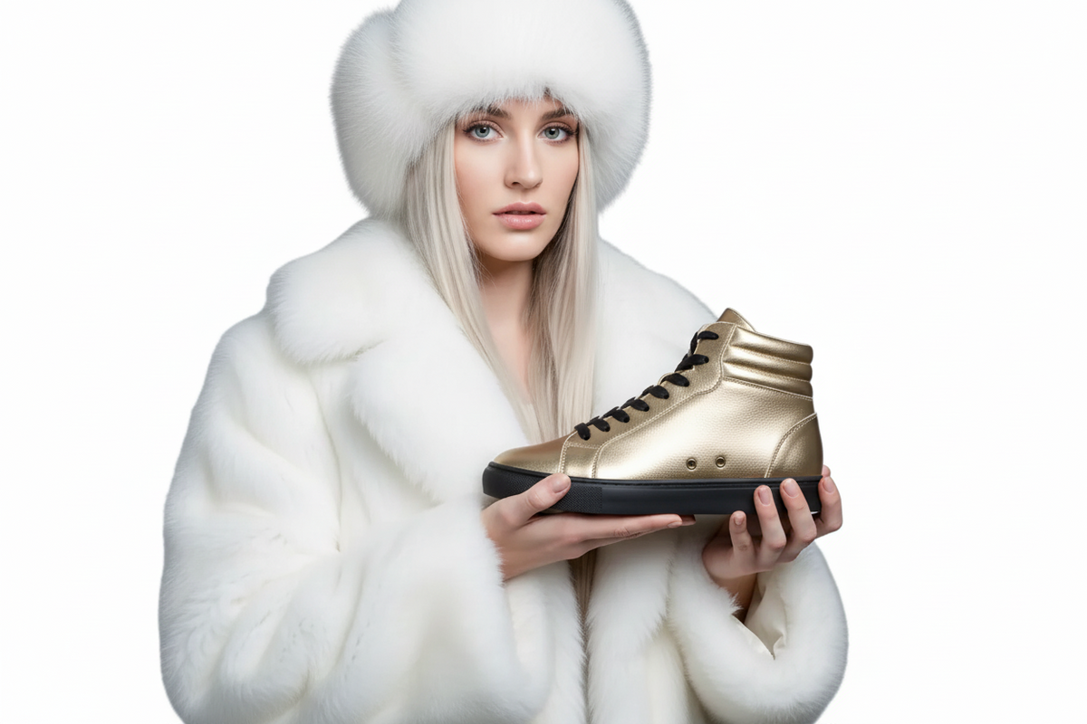 Sneaker GERO Gold Black Vortex Wish Dance Shop con collo alto, ecopelle oro, suola nera in gomma e resina, stile moderno.