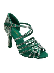 Carica immagine nella Galleria, NORA Dreams Green (L2576S) - Scarpa da Ballo da Donna in Raso Verde Smeraldo cinturino incrociato al Collopiede con Strass Boreali Tacco a Rocchetto