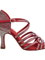 Carica immagine nella Galleria, NORA Dreams Red (L2576S) - Scarpa da Ballo da Donna in Raso Rosso cinturino incrociato al Collopiede con Strass Boreali Tacco a Rocchetto
